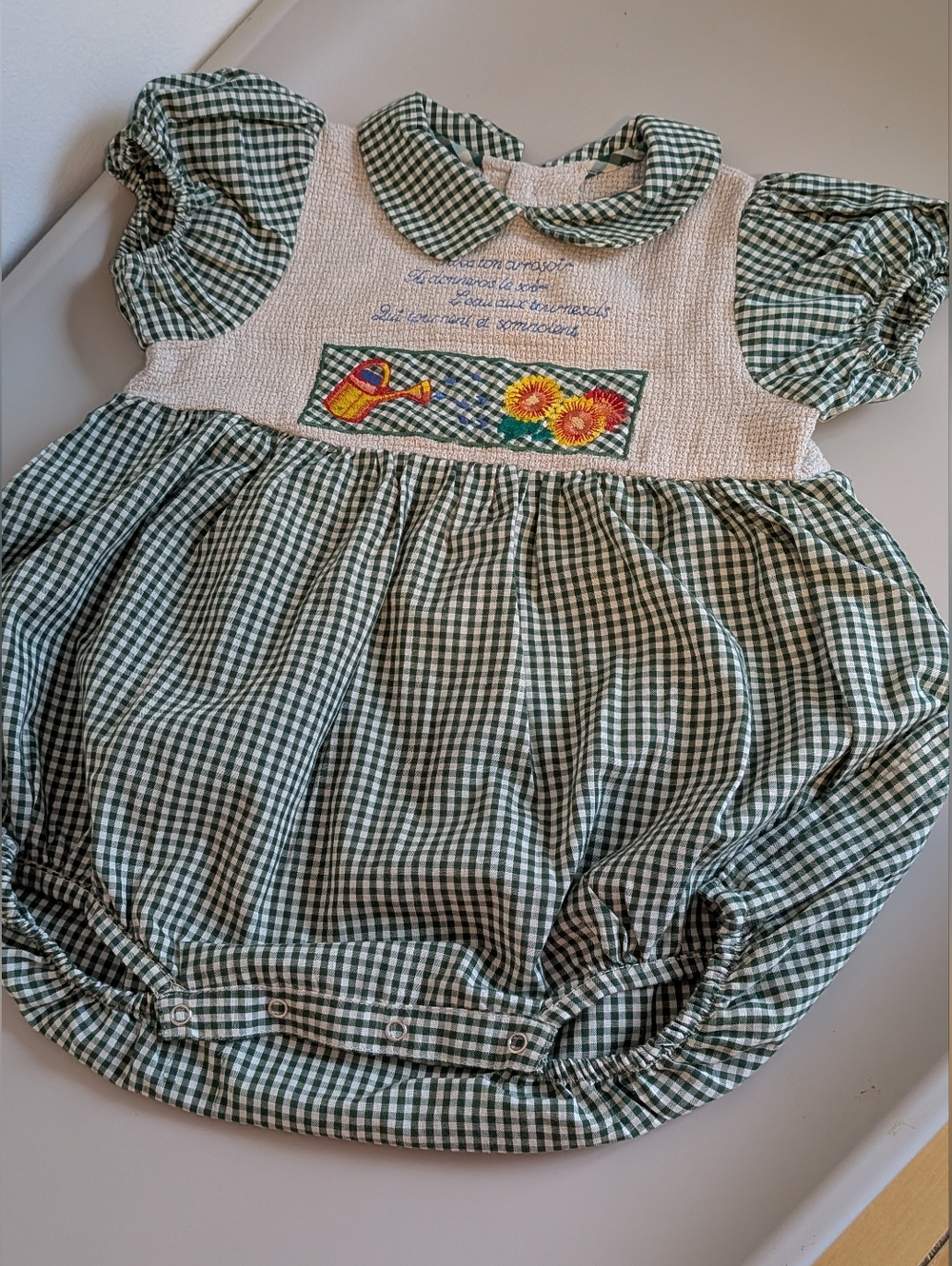 Sergent Major -Green Gingham Baby Bubble Romper  Embroidered Sunflower Cottage
